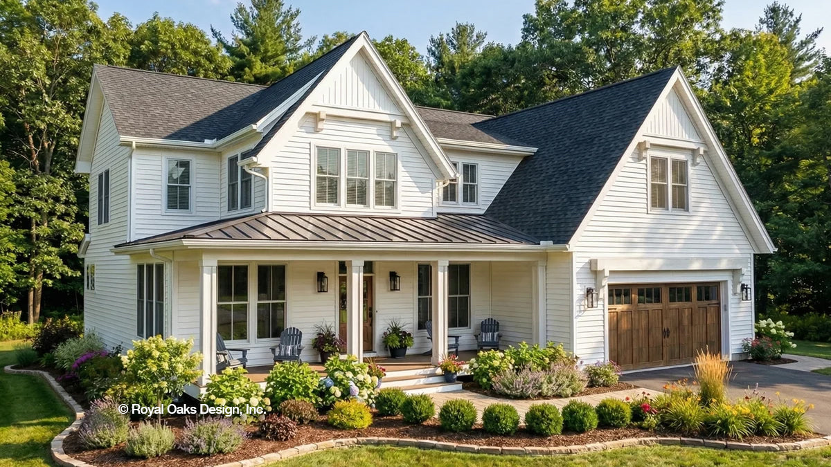 An Example of a Home Builders Network home in a modern farmhouse style with white siding and a metal roof over the front porch