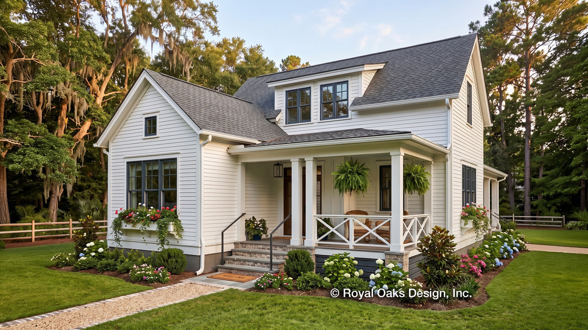 Small Home without an attached garage, white siding, covered front porch, and beautiful flowers in the elegant landscaping