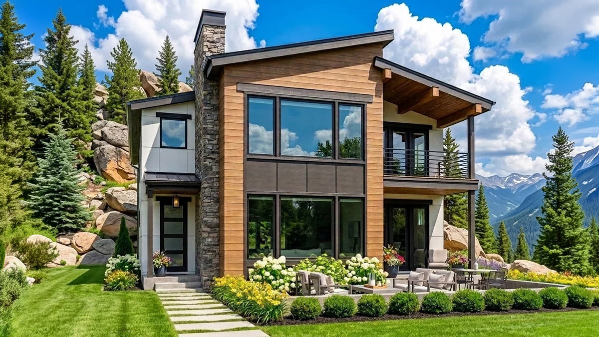 Modern Style House with large windows, natural wood siding, covered porches and patios with a stacked stone chimney. 