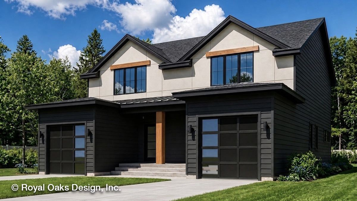 Multifamily style side-by-side duplex with modern siding materials and bold dark colors and natural wood trim.