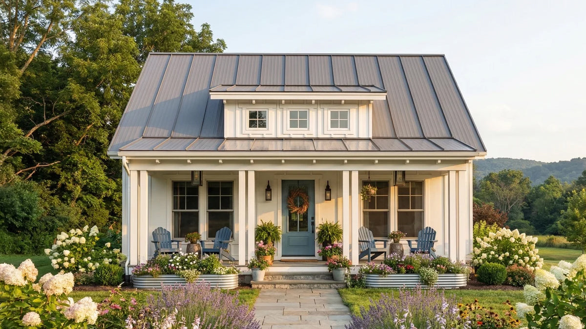 Small house with a metal rood, covered front porch, tall windows and welcoming landscaping all around