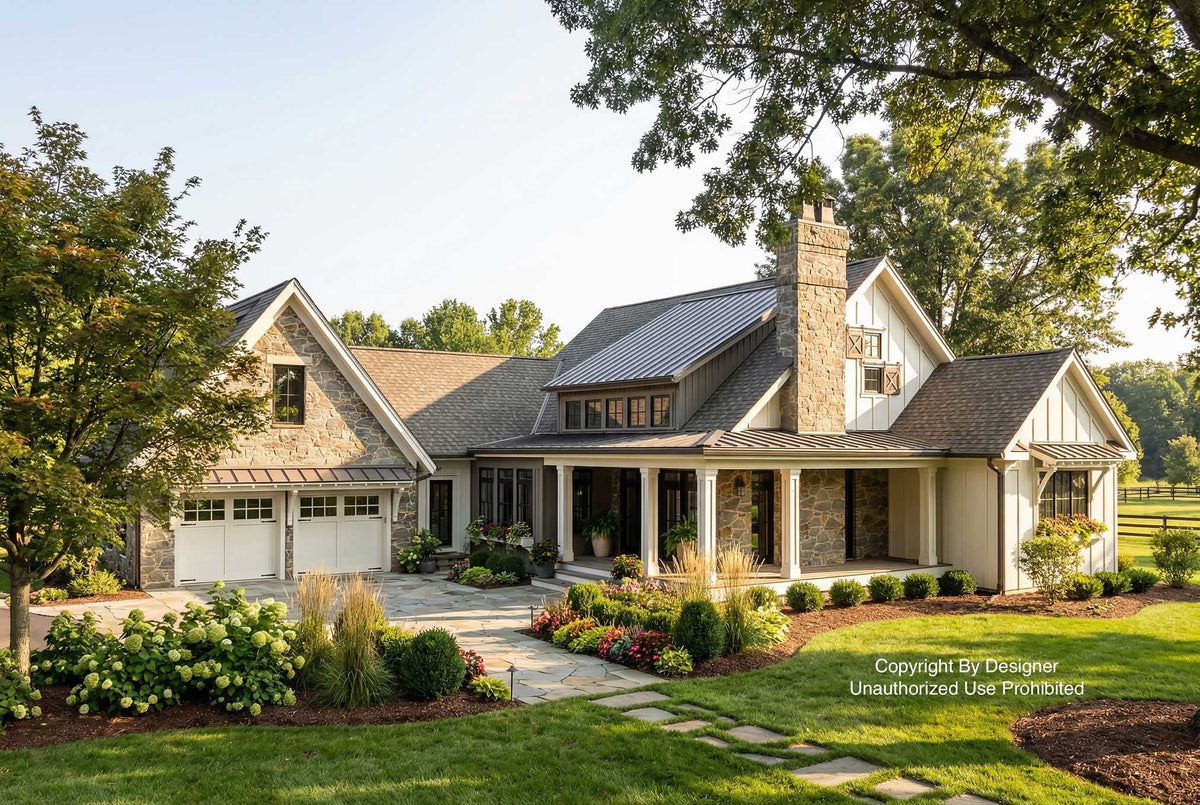 Front photo of Deer Cove Farmhouse Plan, two-story home with natural fieldstone and white siding, standing seam metal roof over the covered front porch, tall stone chimney, white porch columns, and two-car garage