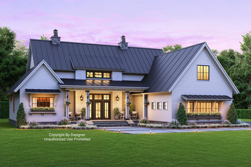 Stylish two-story modern farmhouse with a gray metal roof and white siding and white brick with a covered front porch, surrounded by greenery.