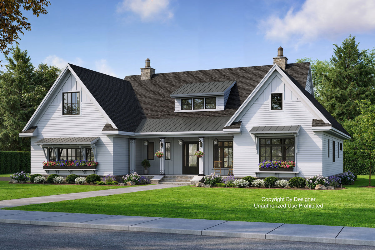Farmhouse style home with a dark roof, and a metal roof over the front covered porch during the daytime. It has white siding and black windows trim.