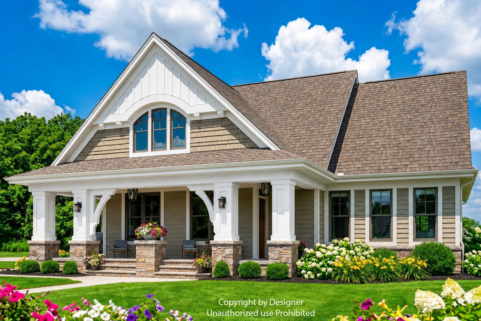 Watermarked CL-1814 front exterior viewed from the right with a covered porch and upper gable.