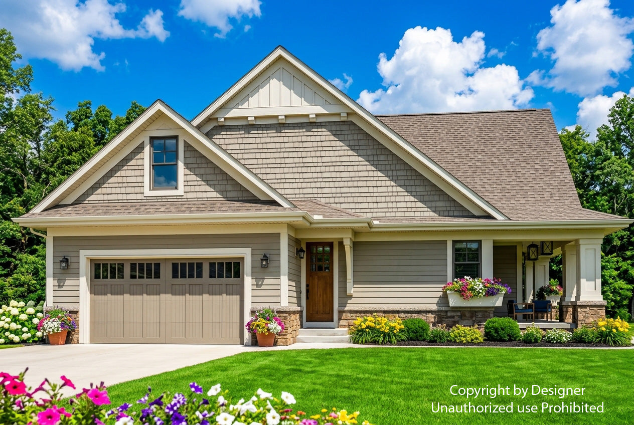 Watermarked CL-1814 exterior showing the garage and covered front entry.