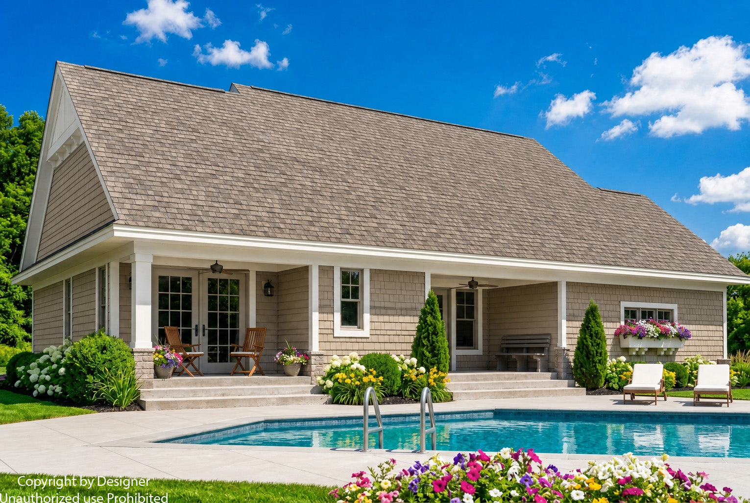 Watermarked CL-1814 rear patio and swimming pool with covered outdoor seating.