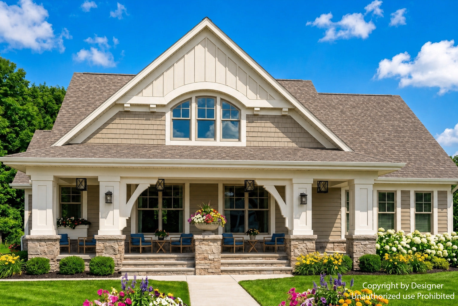Watermarked CL-1814 front exterior with a covered porch and centered upper gable.