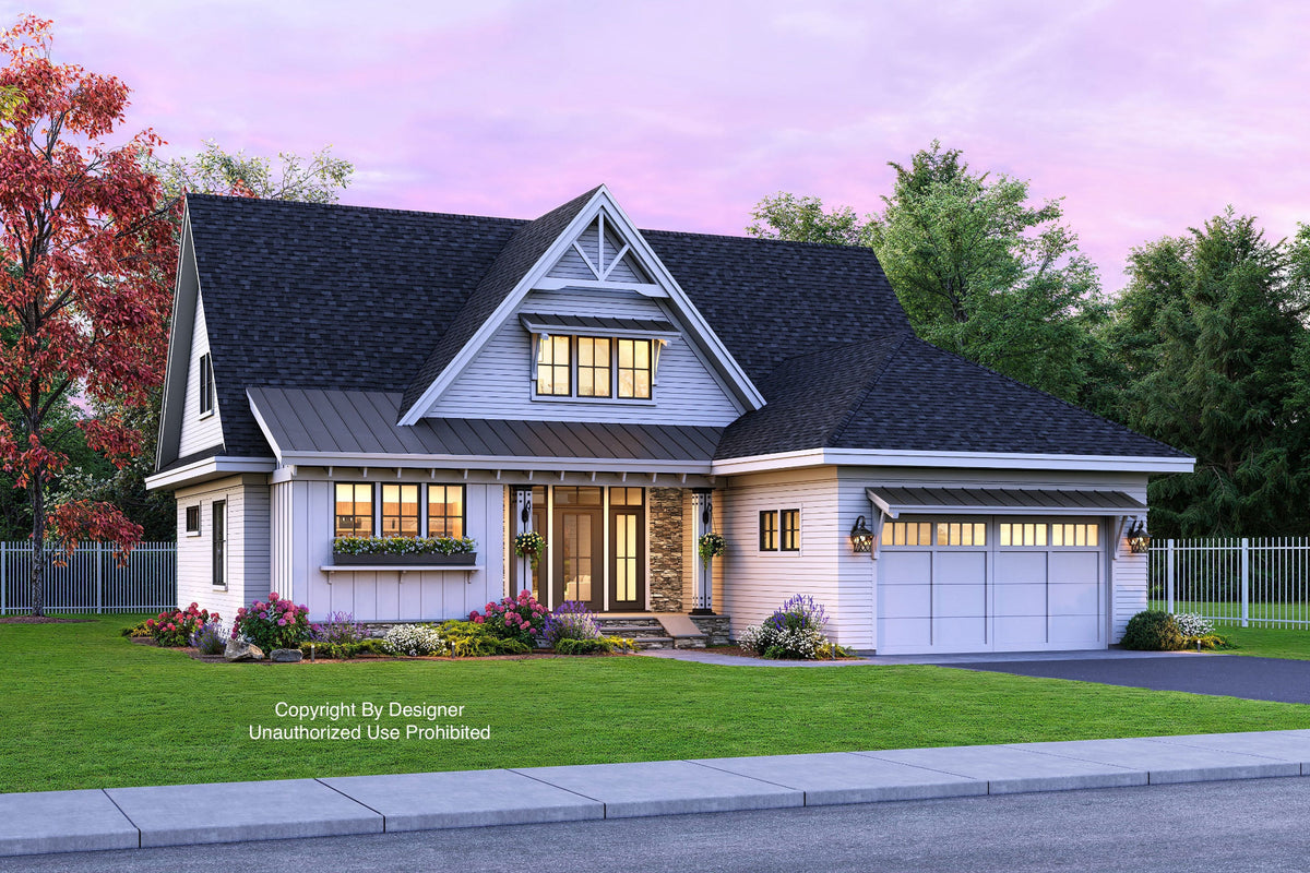 Front exterior view of a modern two-story farmhouse with white siding, dark shingled roof, stone accents, a garage, lawn, trees, and a pink-purple sky at dusk.