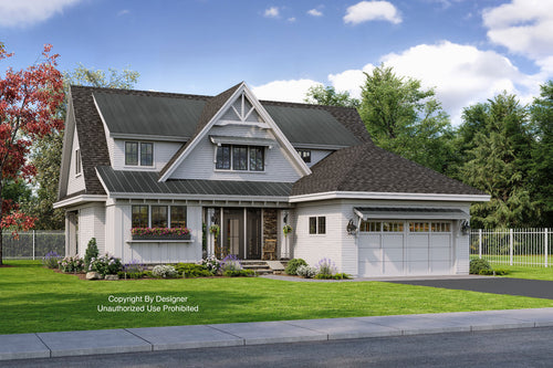 Modern farmhouse style home with a dark shingle roof, a covered front porch topped with a metal roof, a 2-car garage and surrounded by beautiful landscaping on a sunny day.