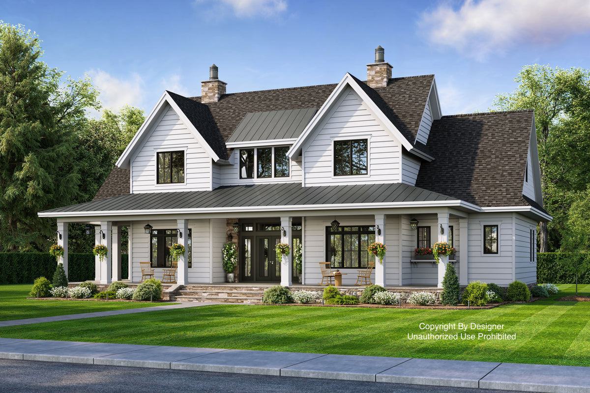 Farmhouse with dark shingle roof with a metal roof over the front wrap around porch, with white siding and black trim around the windows and a natural stone foundation during the day.