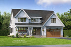 Modern farmhouse in daytime with a dark shingle roof, white siding and black trim around the windows.
