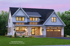 Modern Farmhouse with a metal roof over a covered front porch, a stone accent wall near the front door, decorative wood accents, and a 2-car front load garage