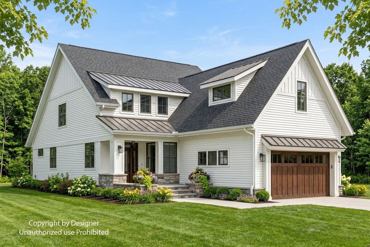 Front exterior rendering of the Wexford modern farmhouse with white siding and an attached garage.