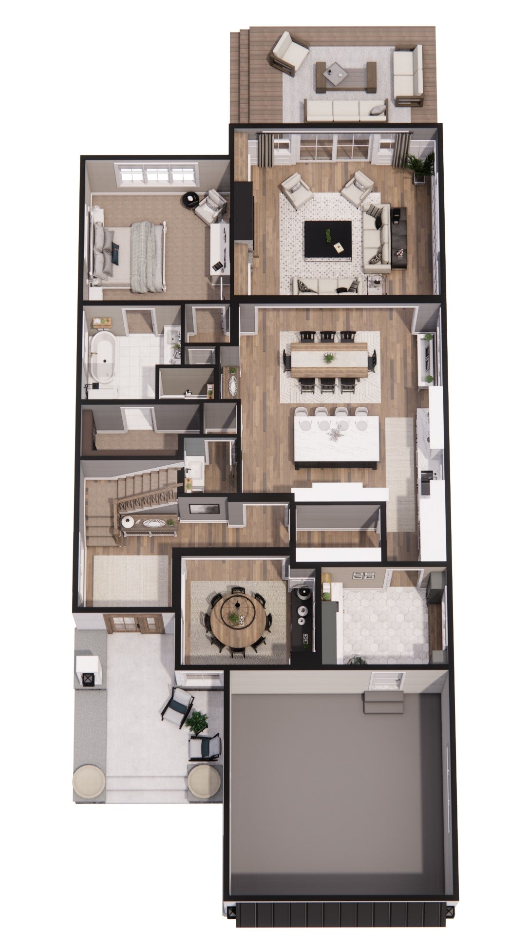 CL-20-014 Wexford farmhouse main-level 3D floor plan.