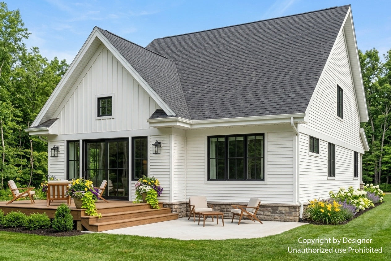 Rear exterior rendering of the Wexford modern farmhouse with a raised wood deck and ground-level patio.