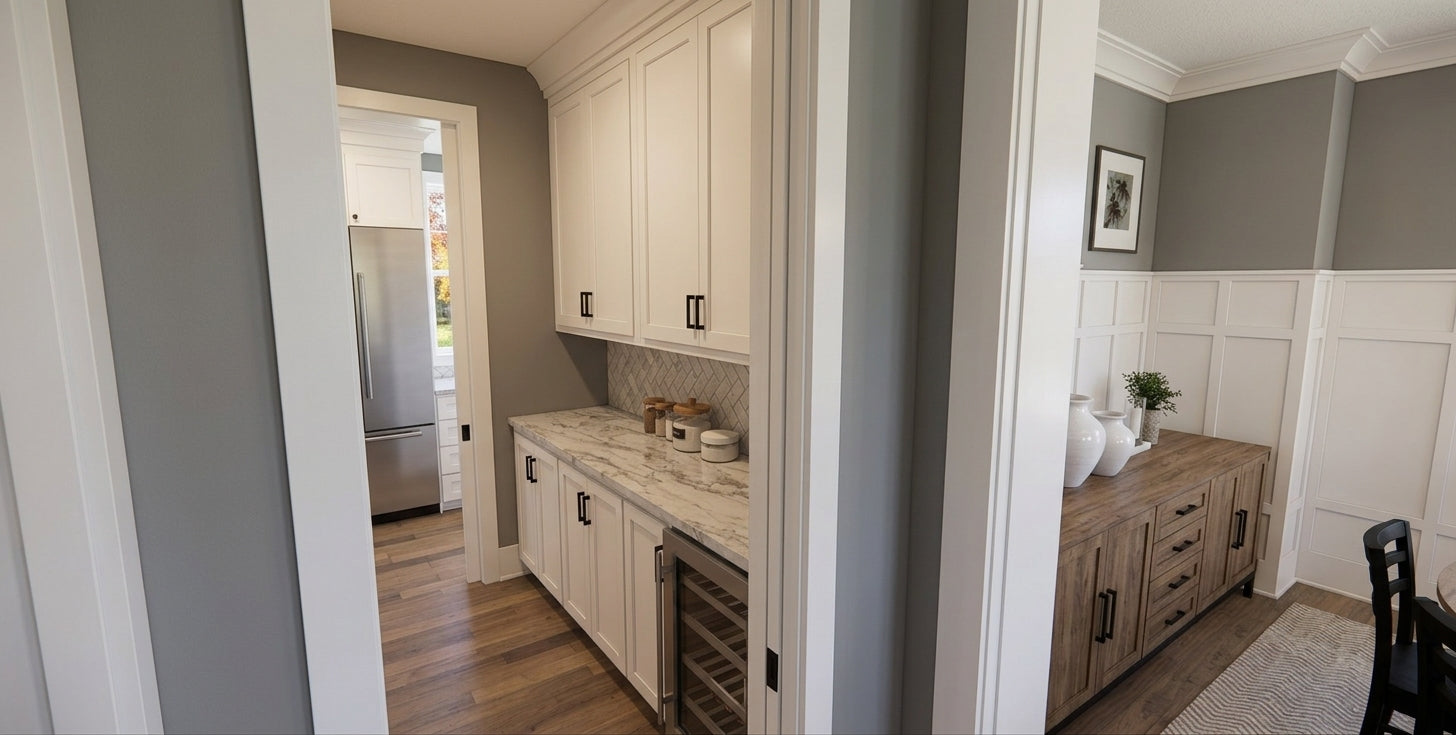 Wexford prep kitchen beverage center with white cabinetry, stone countertops, and a beverage refrigerator.
