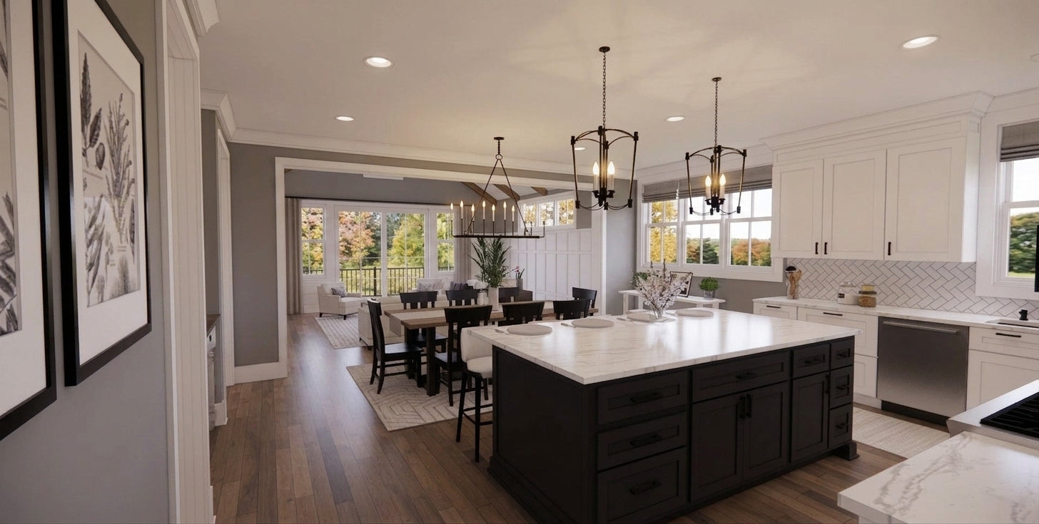 CL-20-014 Wexford farmhouse kitchen and dining room interior rendering.
