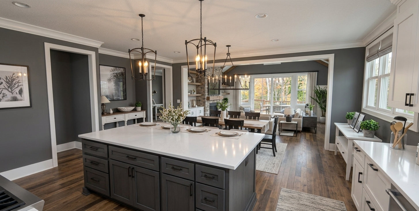 CL-20-014 Wexford farmhouse kitchen island and great room interior rendering.