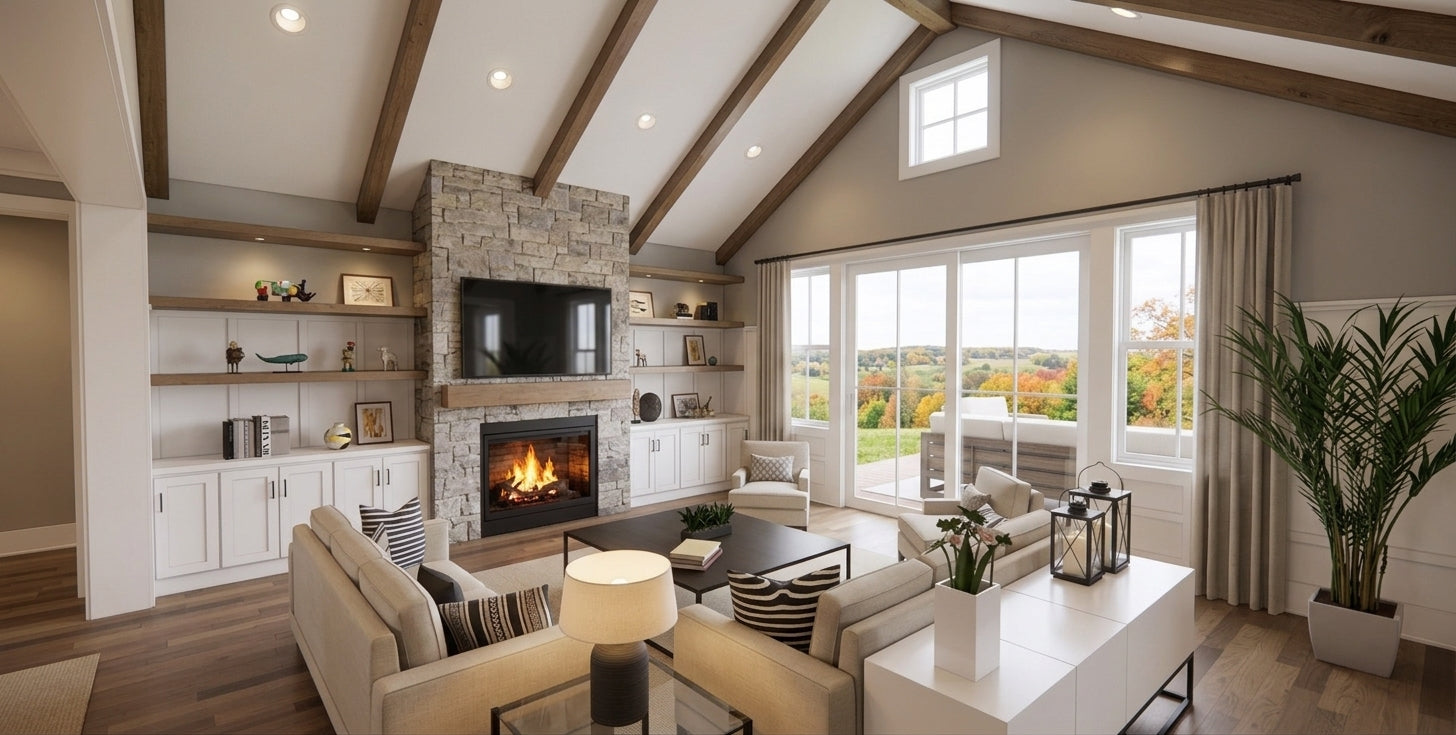CL-20-014 Wexford farmhouse vaulted great room fireplace interior rendering.