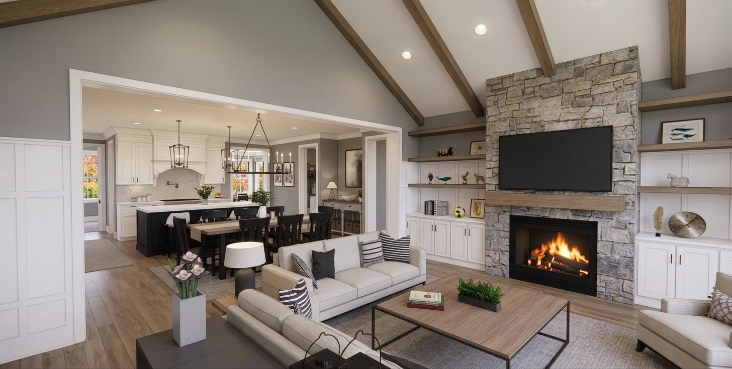 CL-20-014 Wexford farmhouse great room fireplace and built-ins interior rendering.