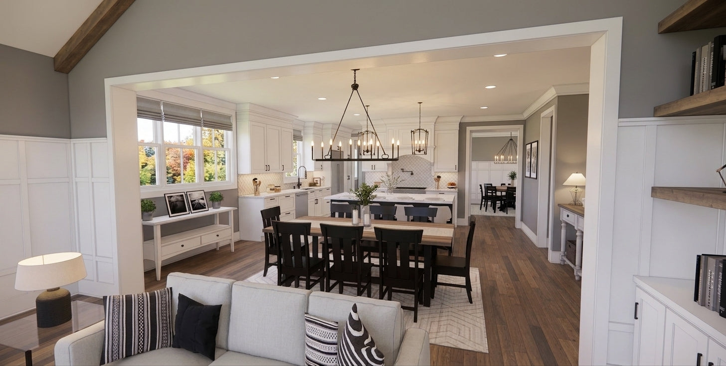 CL-20-014 Wexford farmhouse dining room and great room interior rendering.