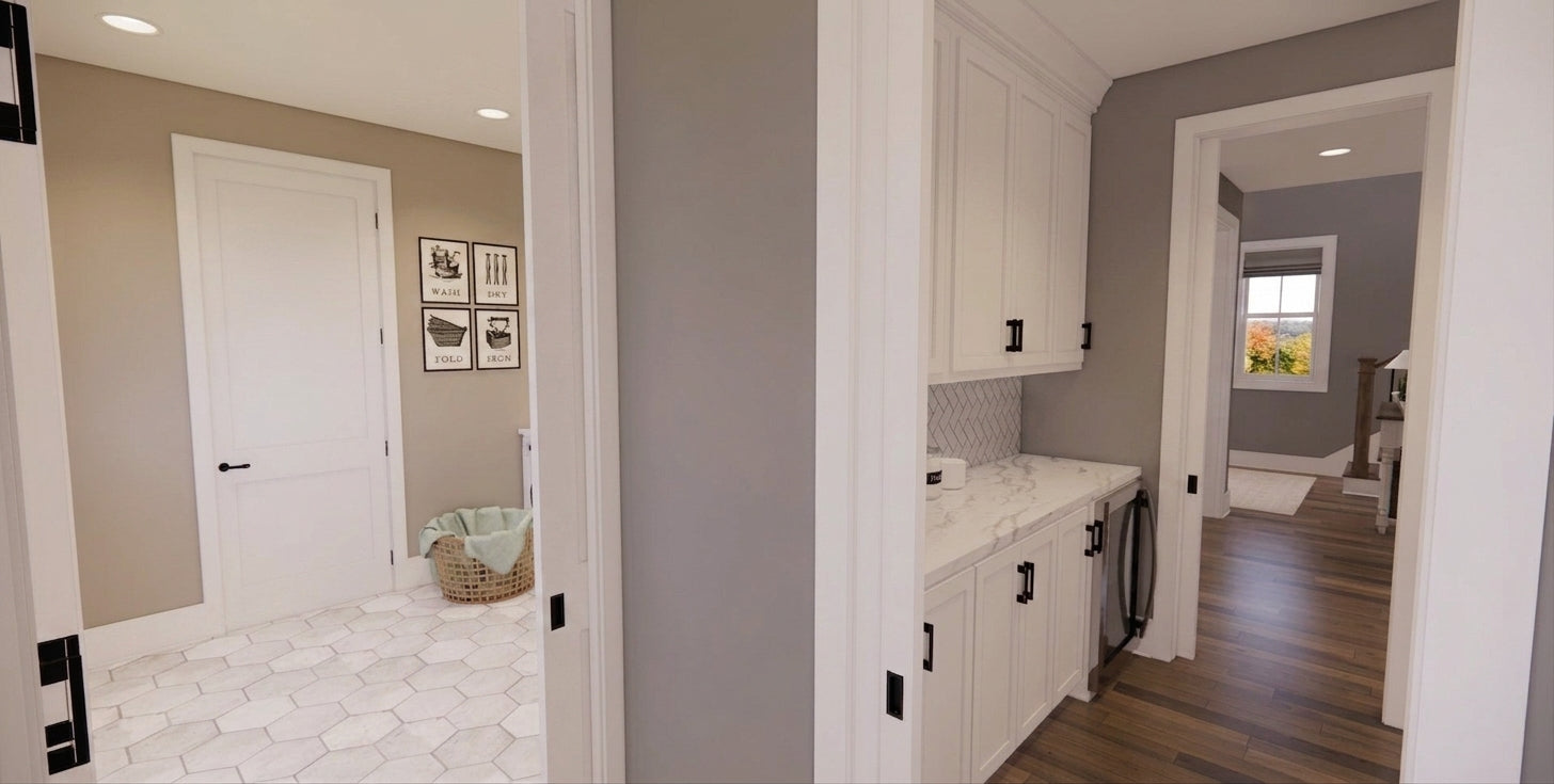 CL-20-014 Wexford farmhouse mudroom hall interior rendering.