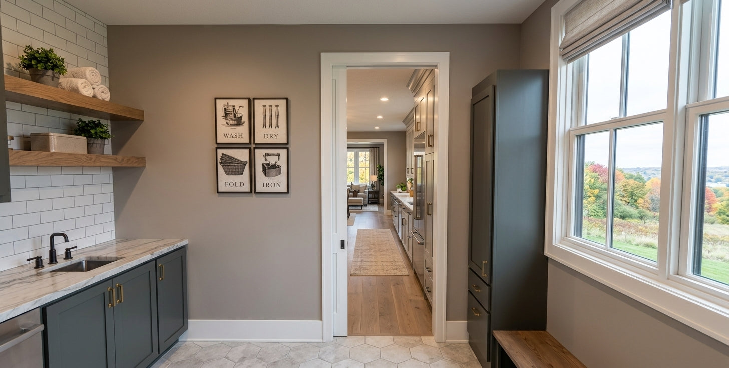 CL-20-014 Wexford farmhouse laundry room and hall interior rendering.