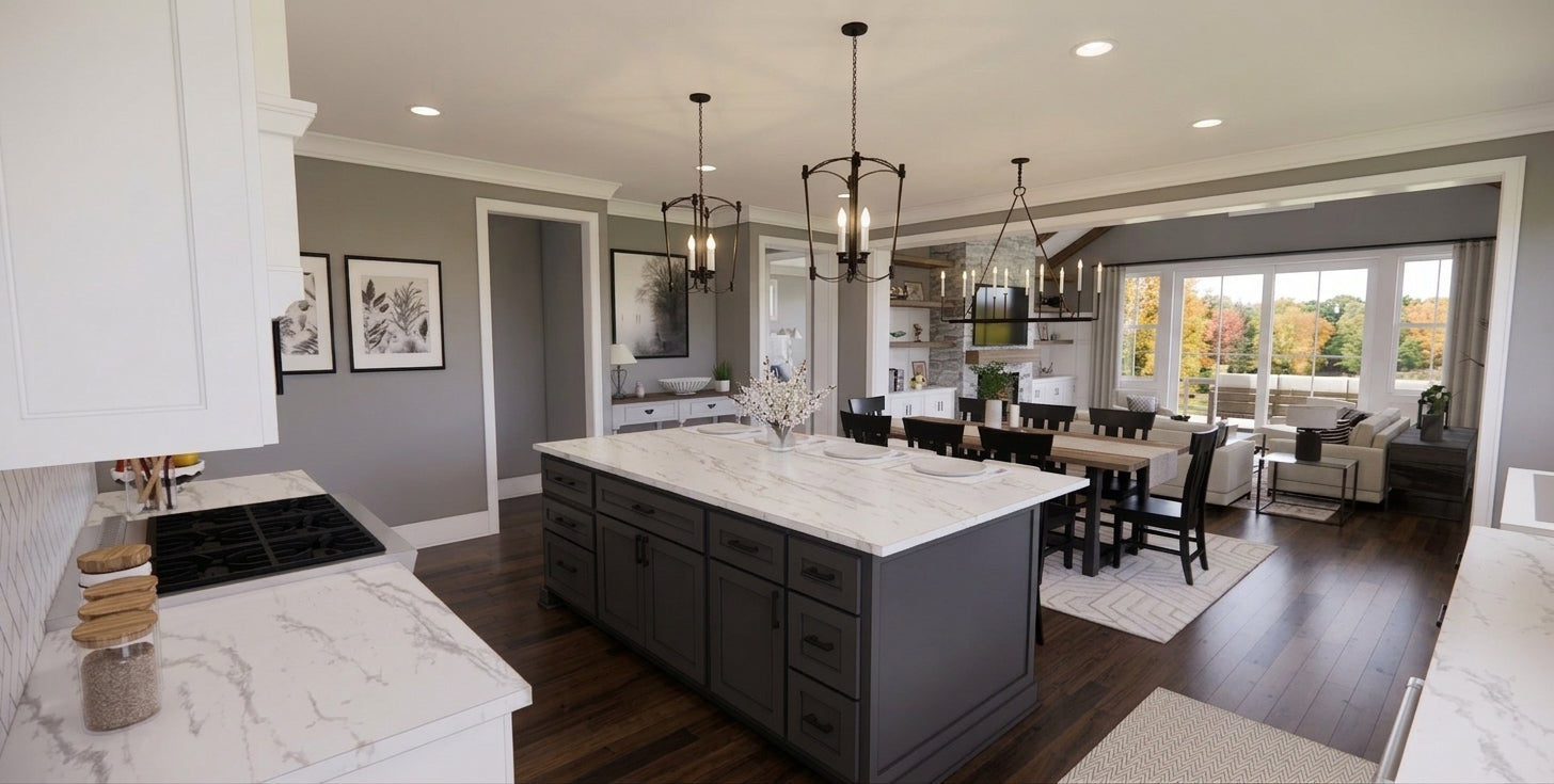 CL-20-014 Wexford farmhouse open-concept kitchen island interior rendering.