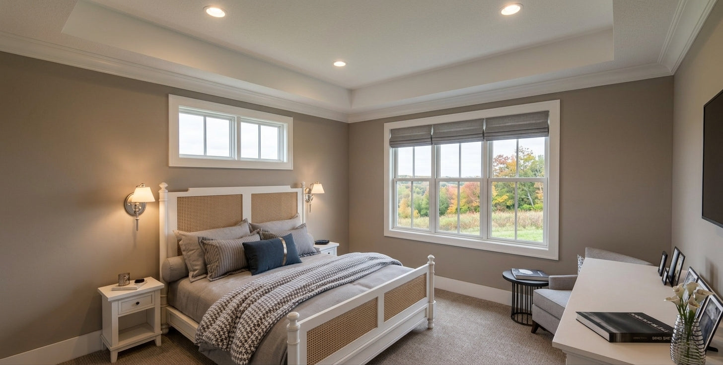 CL-20-014 Wexford farmhouse primary bedroom interior rendering.