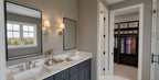 CL-20-014 Wexford farmhouse primary bathroom vanity and closet interior rendering.