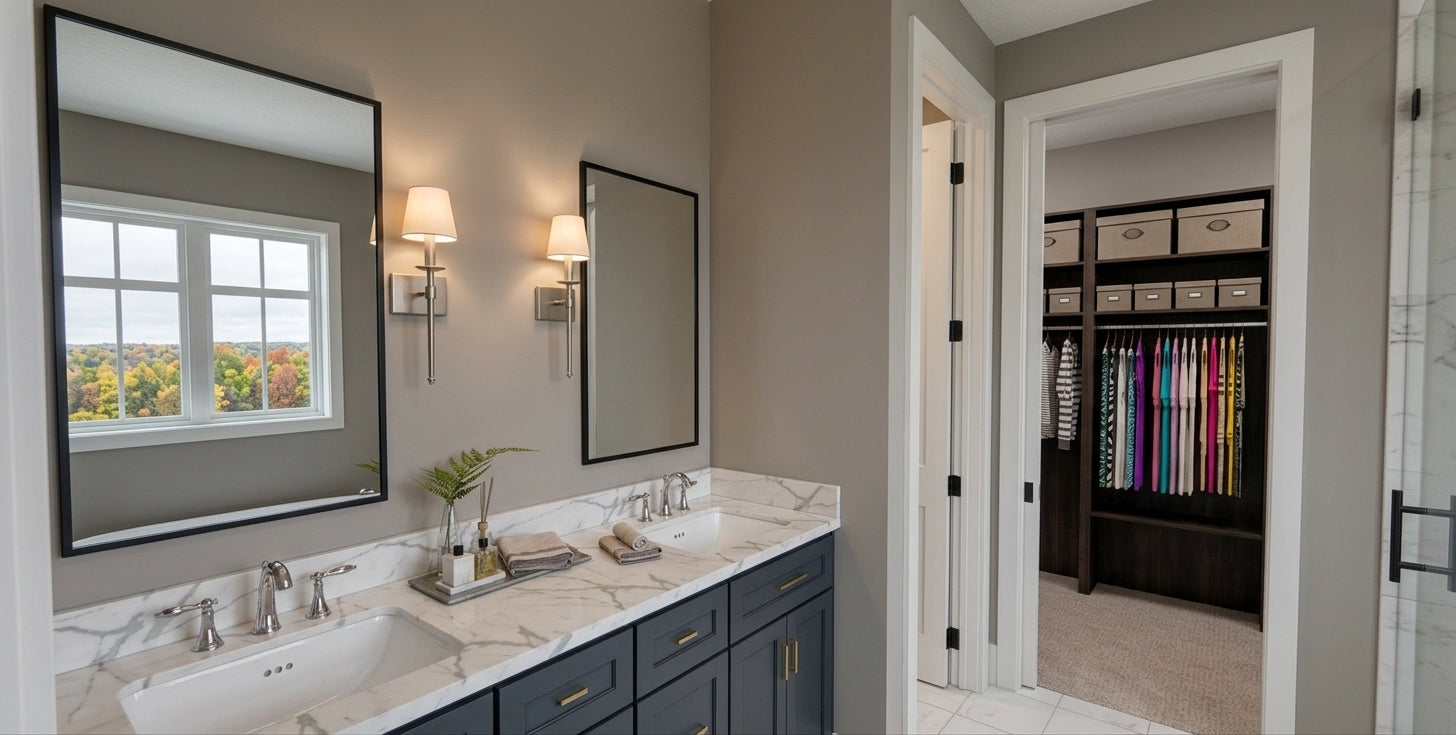CL-20-014 Wexford farmhouse primary bathroom vanity and closet interior rendering.