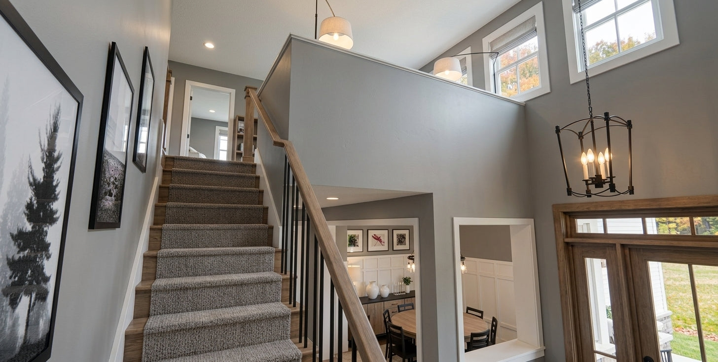 CL-20-014 Wexford farmhouse staircase and upper landing interior rendering.