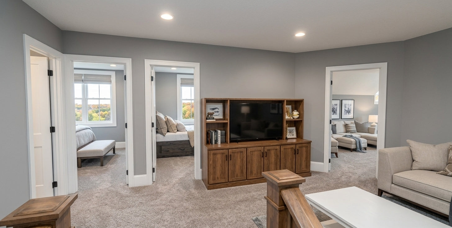 Wexford upper-level loft with a TV cabinet and entrances to adjacent bedrooms.