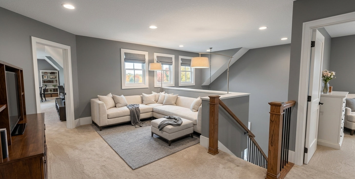 Wexford upper-level loft seating area beside the stair landing.