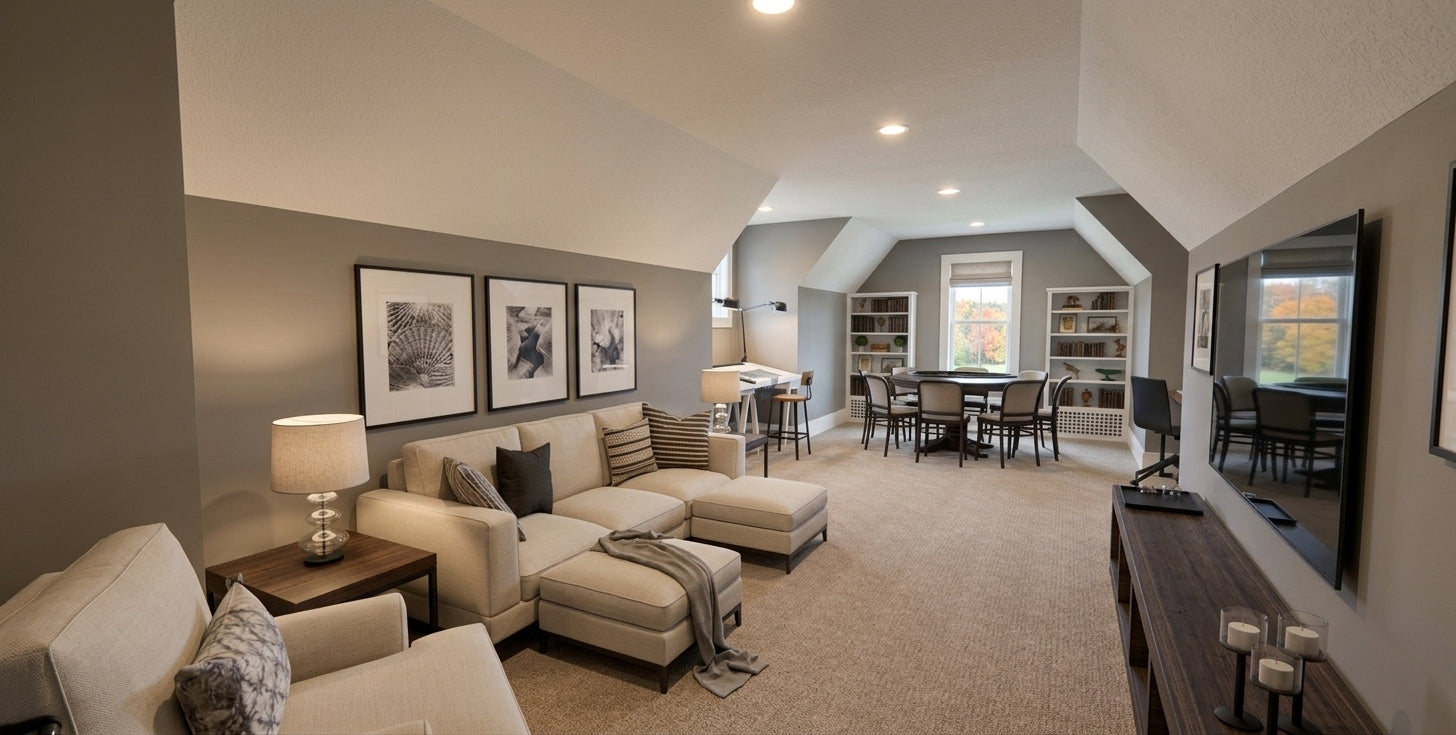 CL-20-014 Wexford farmhouse bonus room lounge interior rendering.