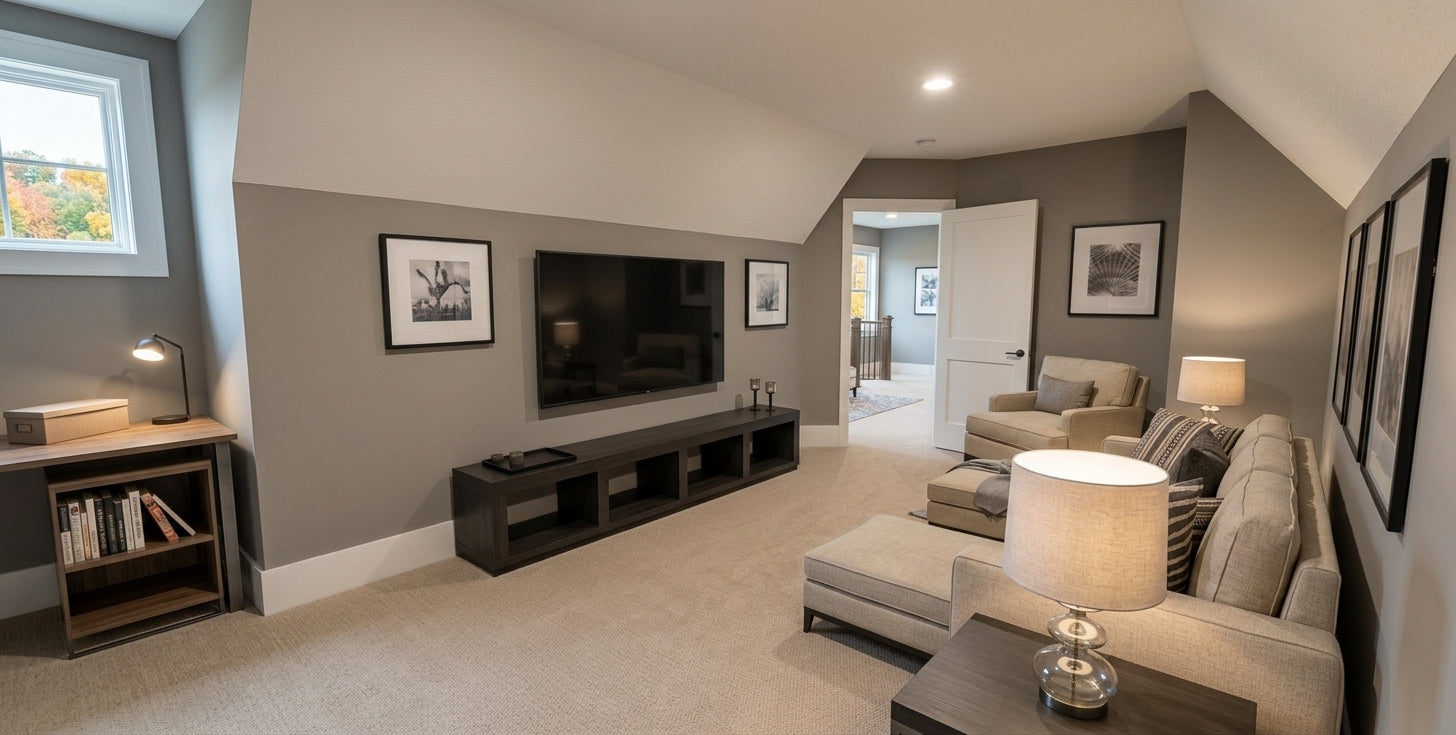 CL-20-014 Wexford farmhouse bonus room media area interior rendering.