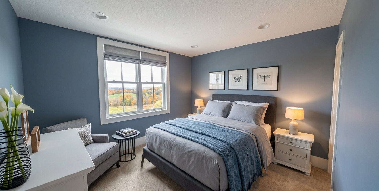 CL-20-014 Wexford farmhouse blue bedroom interior rendering.