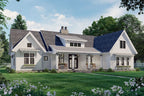 Rendering of the front of a farmhouse style home with a covered front porch and a 2-car side load garage