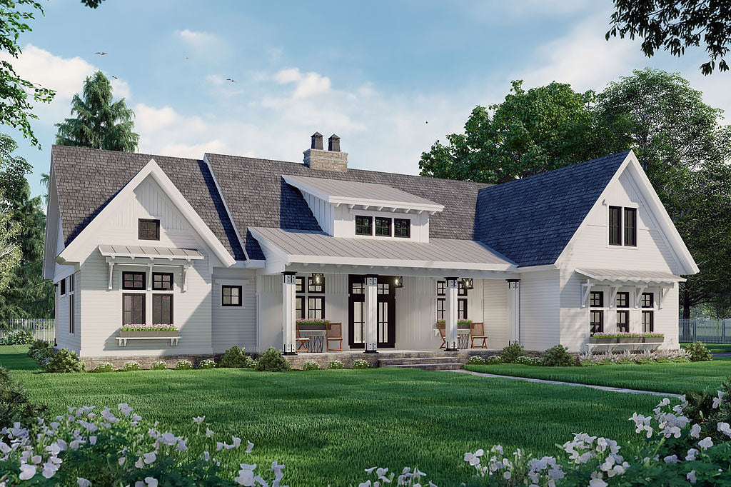 Rendering of the front of a farmhouse style home with a covered front porch and a 2-car side load garage