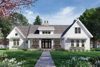 Rendering of the front of a farmhouse style home with a covered front porch and a 2-car side load garage