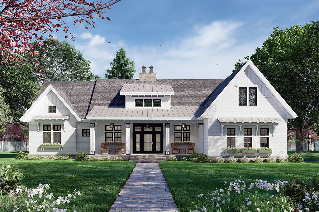 Rendering of the front of a farmhouse style home with a covered front porch and a 2-car side load garage