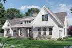 Rendering of the front of a farmhouse style home with a covered front porch and a 2-car side load garage