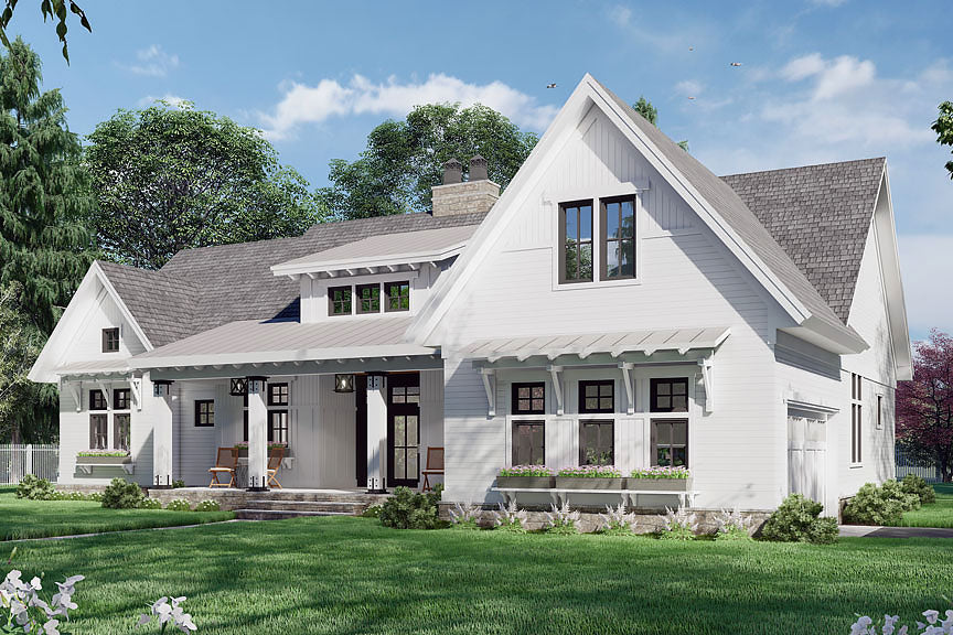 Rendering of the front of a farmhouse style home with a covered front porch and a 2-car side load garage