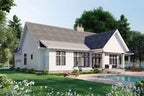 Rendering of the rear of a farmhouse style home with a covered rear porch and a 2-car side load garage