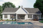 Rendering of the rear of a farmhouse style home with a covered rear porch and a 2-car side load garage