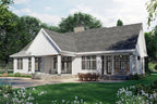 Rendering of the rear of a farmhouse style home with a covered rear porch and a 2-car side load garage