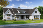 A modern farmhouse with a dark roof, metal roof over the covered front porch, it has white siding and windows boxes filled with beautiful flowers