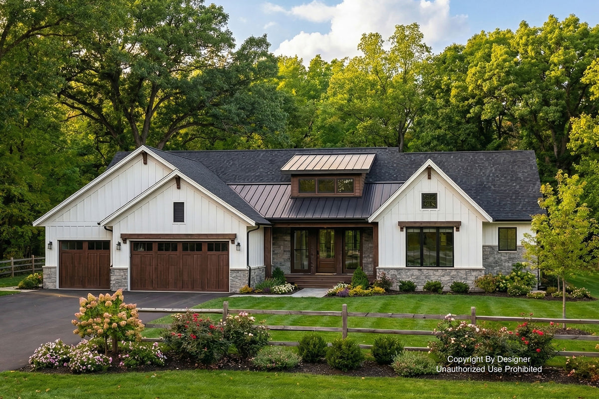 Modern Ranch style home with a black roof and white walls, surrounded by trees and flowers.