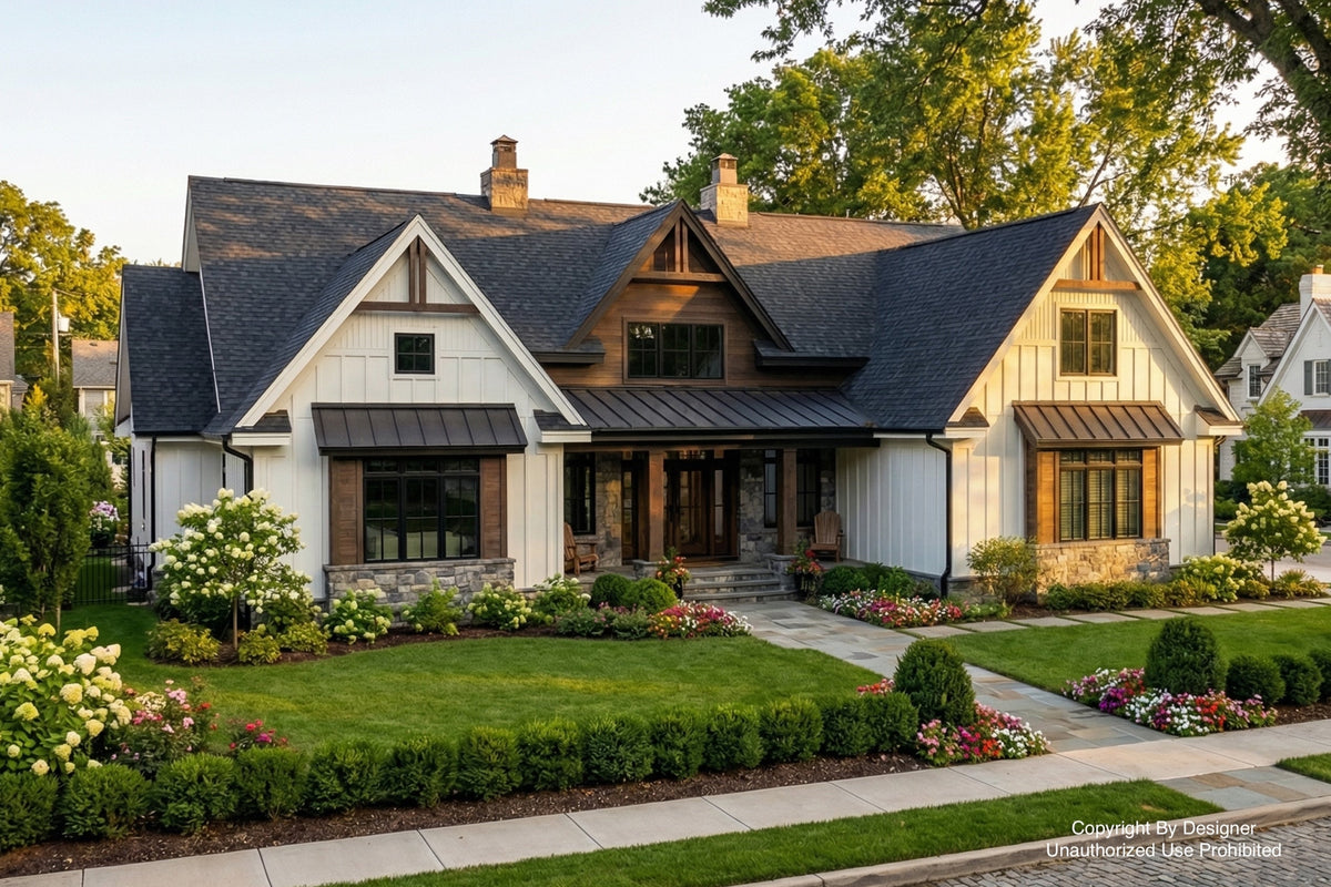 A large traditional-style house with white siding, dark gray shingled roofs, a covered front porch, stone accents, and a landscaped lawn with flowers and shrubs.